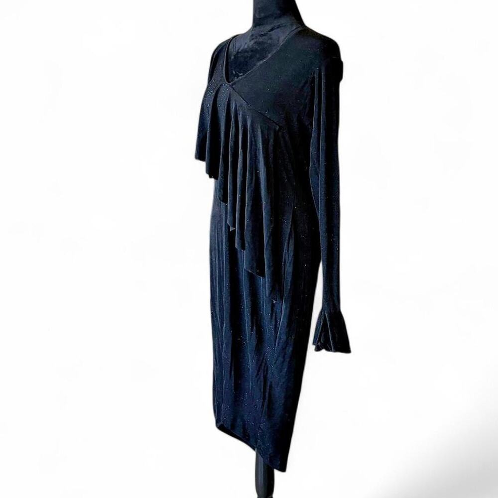 Black Draped Cutout Midi Dress – Minimalist Asymmetrical L - Picture 4 of 8